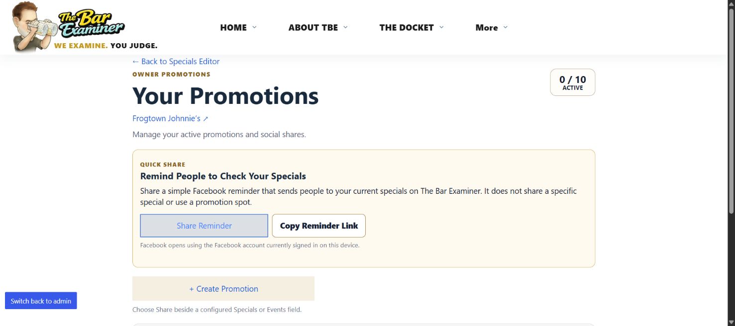 Owner Promotions page with Share Reminder and Copy Reminder Link