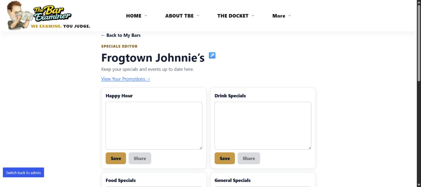TBE Owner Specials Editor with separate Save and Share buttons